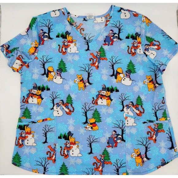 Disney Christmas Winnie The Pooh Tigger Piglet Women’s Scrub Top Size 2XL/2XG - Picture 1 of 7